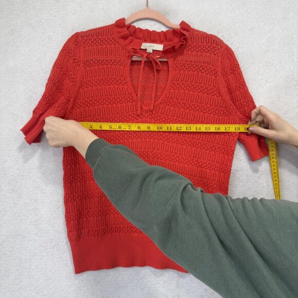 LOFT Sweater Womens Medium Red V Neck Ruffle Short Sleeve Open Knit Pullover - Picture 6 of 8